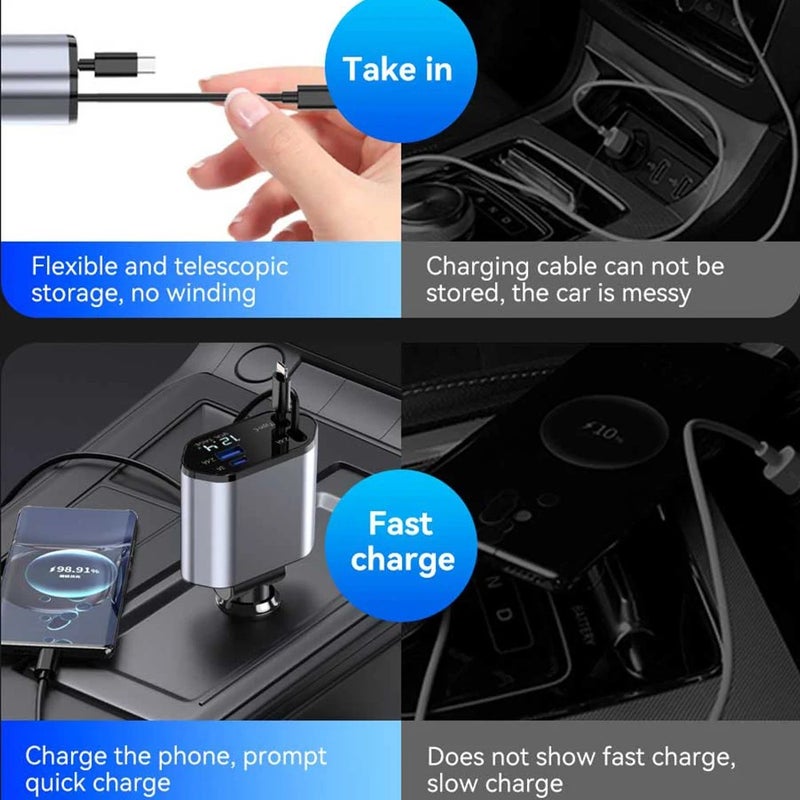 Bluejw Super Fast 4-in-1 Retractable Car Charger - 180° Adjustable USB Adapter with Display for iPhone 16 & Samsung - Automobile Charger - Image 4
